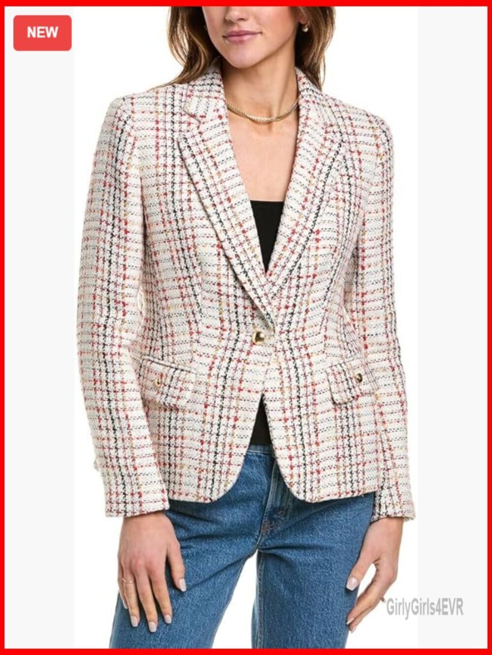 Plaid Tweed Notch Collar Blazer Jacket One Button Closure